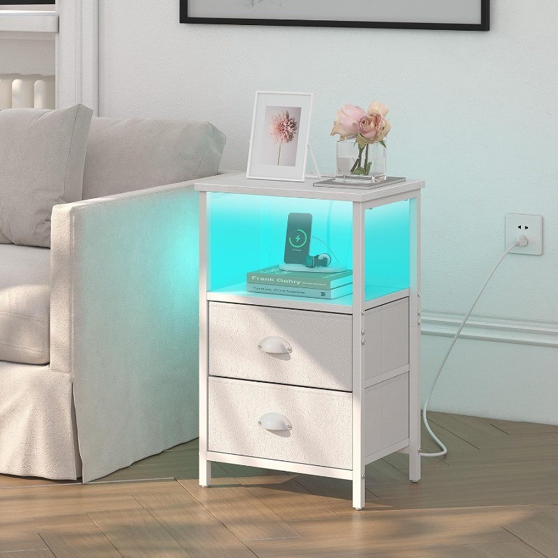 Nightstand with Charging Station, LED Night Stand Set 2, Bedside Table End Table