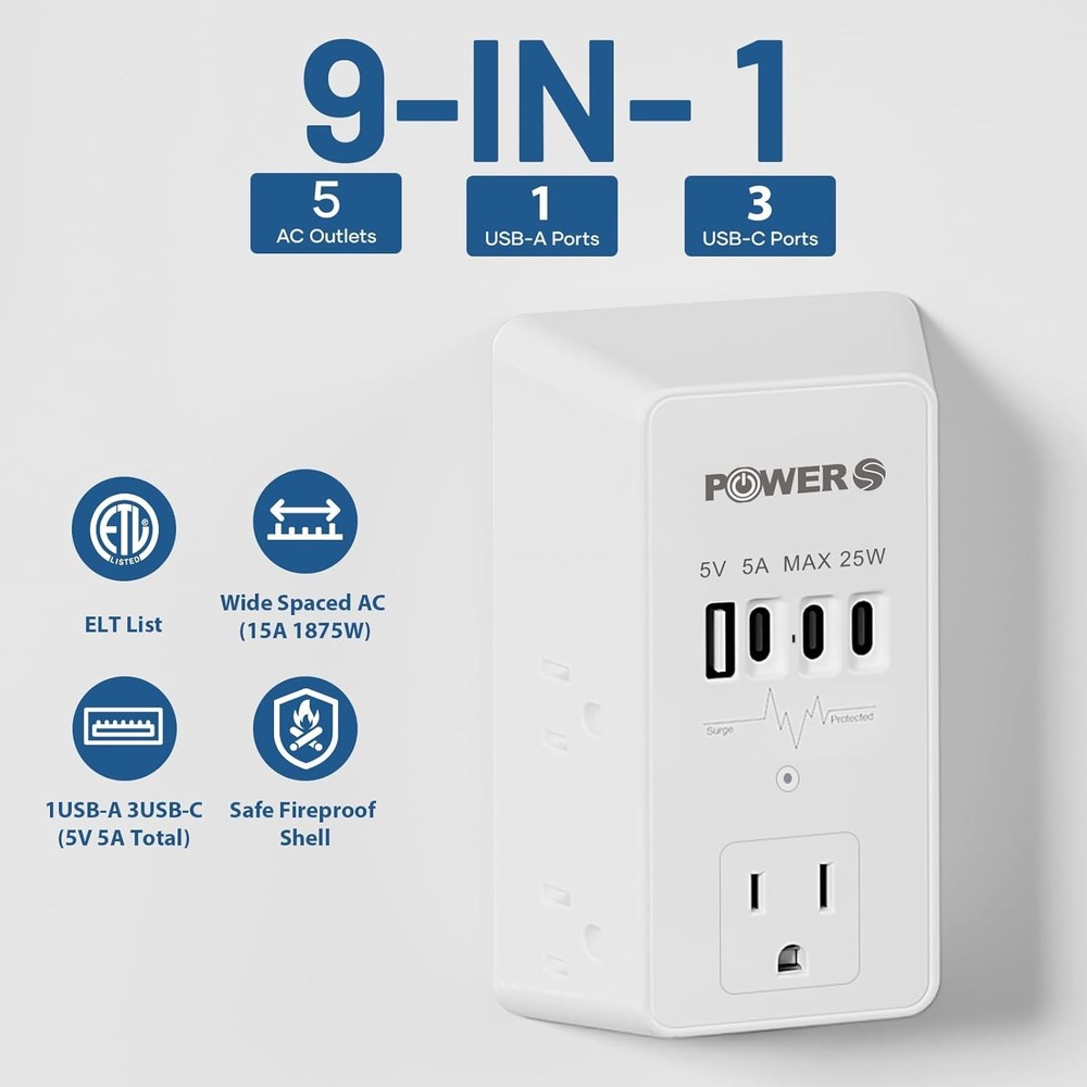 Electrical Outlet Extender with USB Ports, Surge Protector Wall Plug Adapter