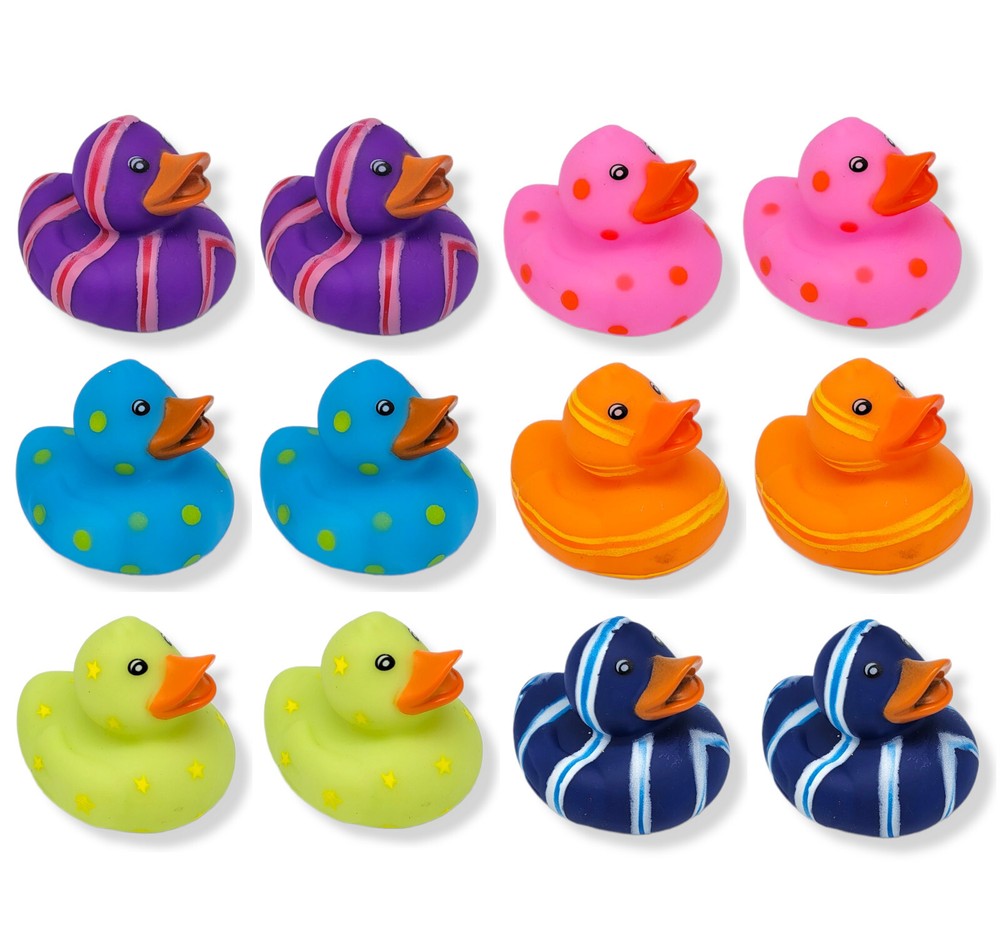 Multi-Color Pattern Rubber Squicky Duckies (2") Standard Size. (12 Pack)