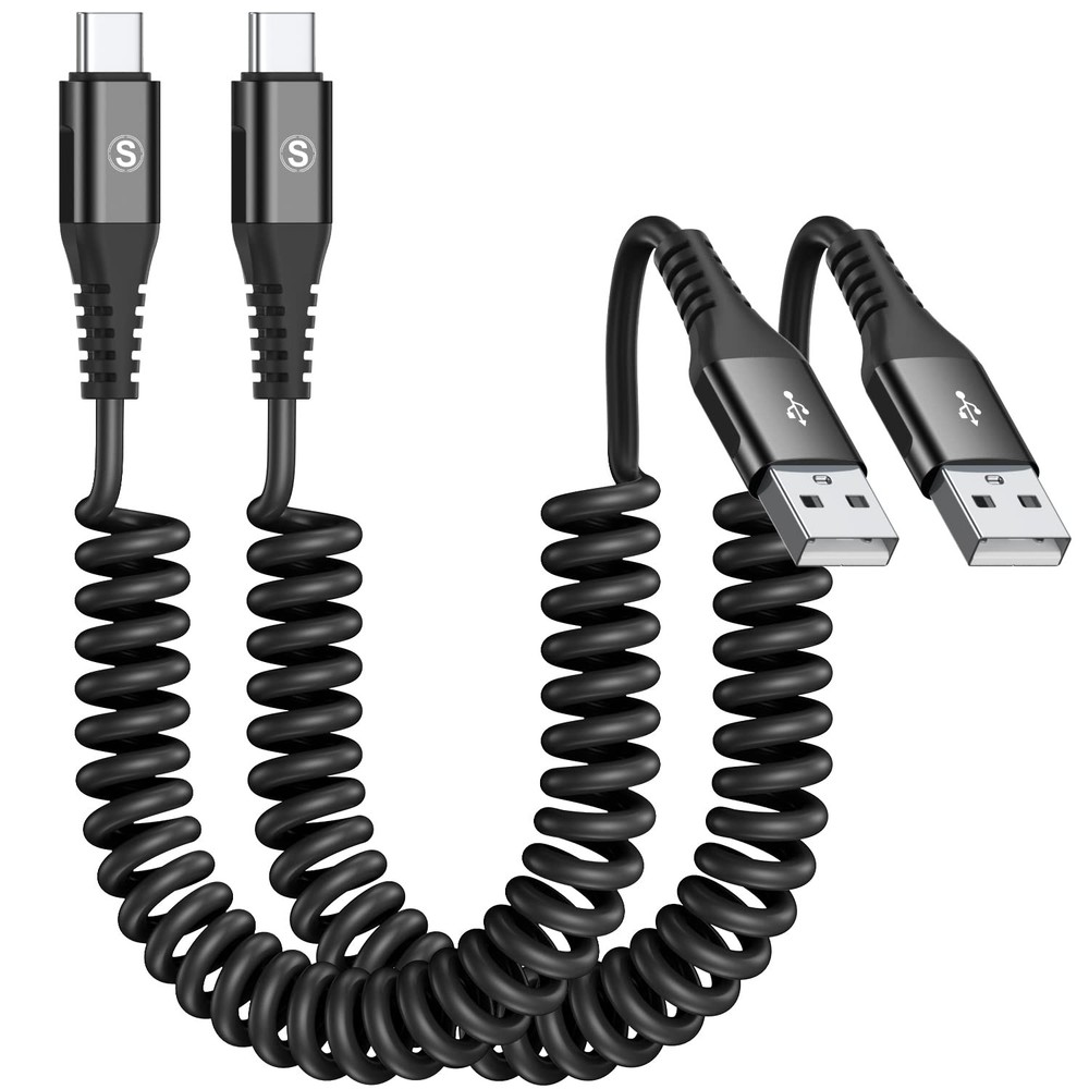 Coiled USB C Cable 2pack 3.3ft, A to C for 3.3ft+3.3ft, Black
