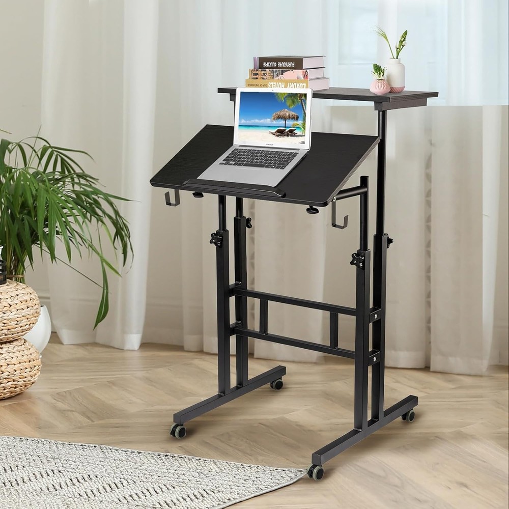 Mobile Adjustable Height Standing Desk with Wheels – Ergonomic Black Workstation