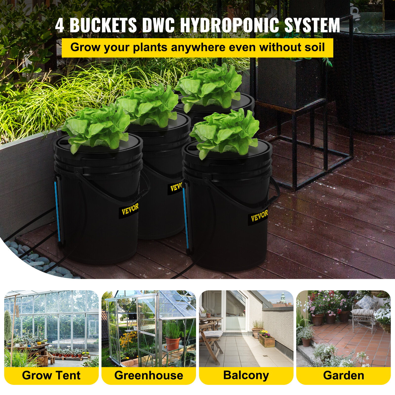VEVOR Hydroponics Deep Water Culture DWC Hydroponic System 5 Gallon 4 Buckets
