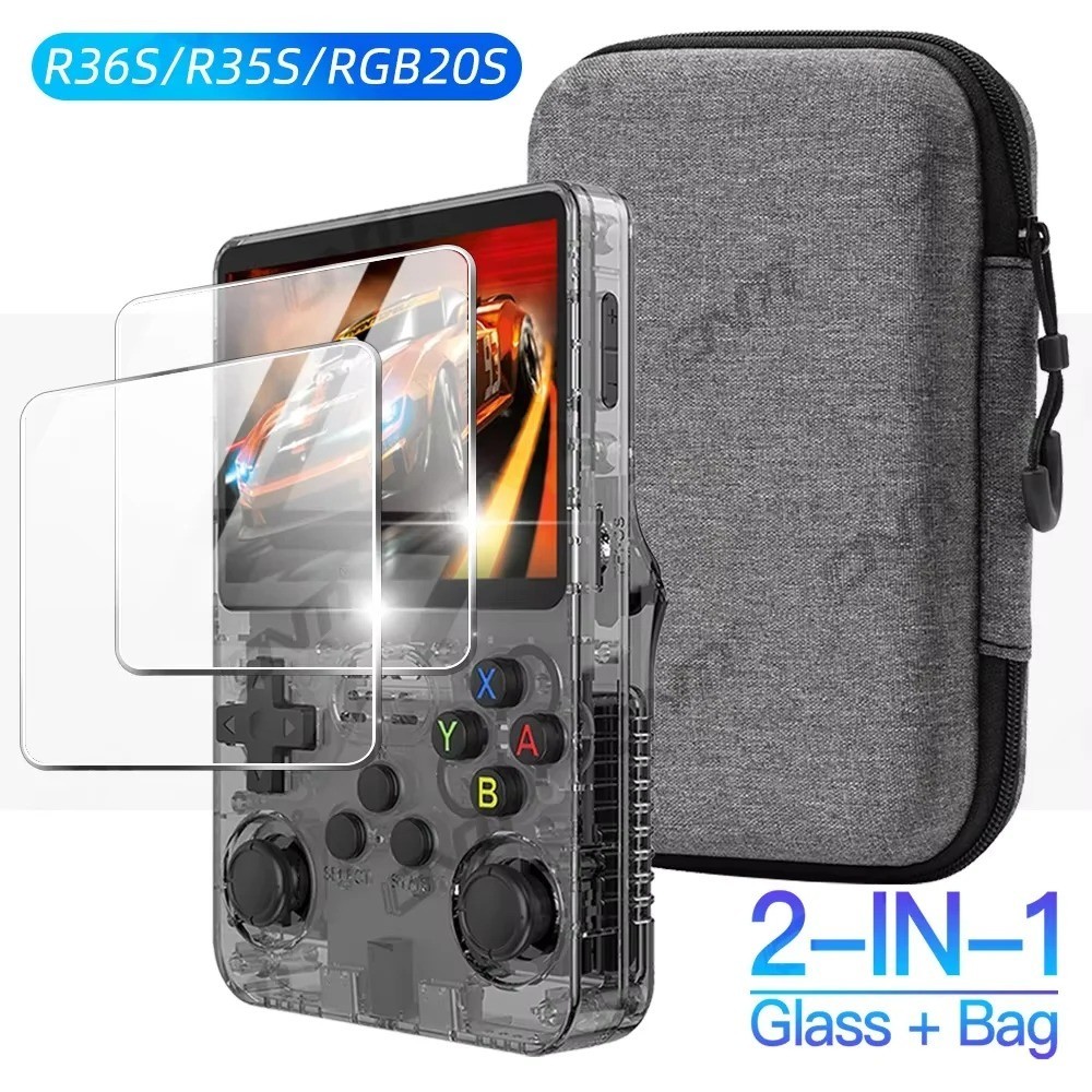 Tempered Glass Screen Protector + EVA Case for R36S Handheld Game Console