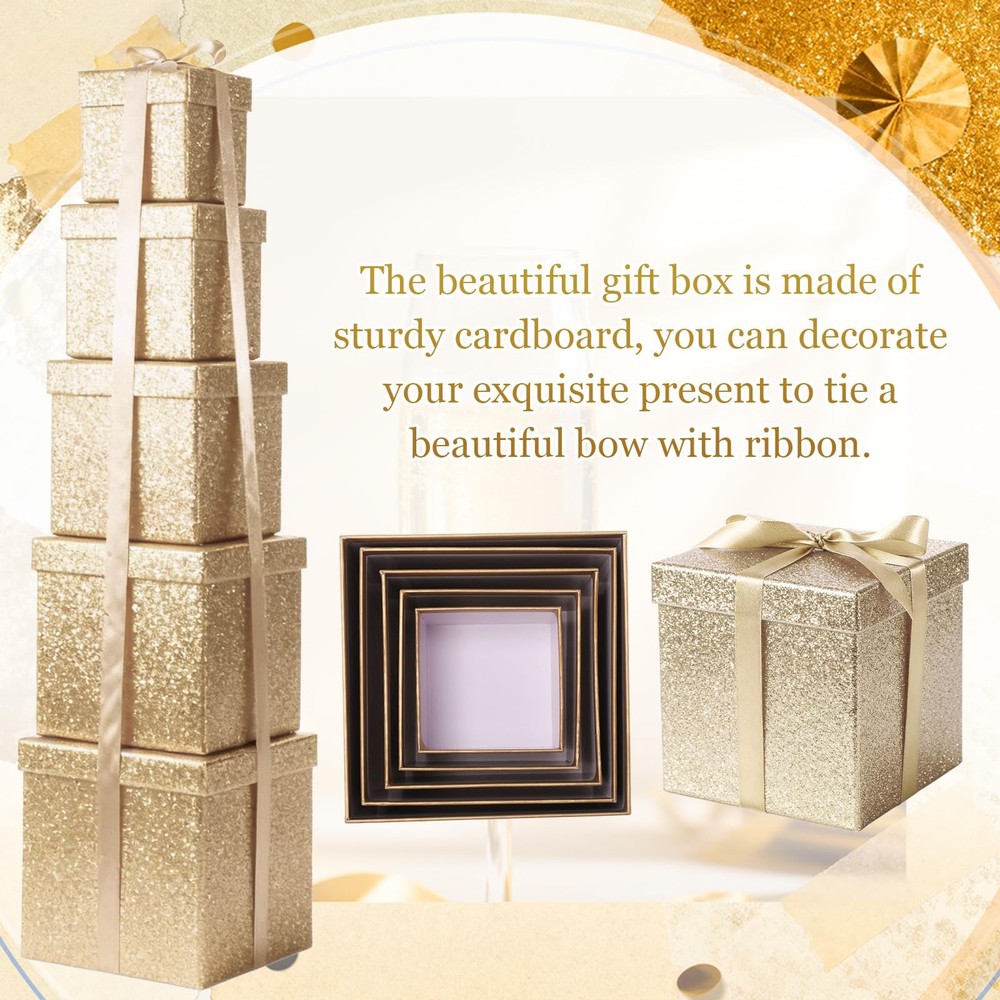 5 Pcs Square Nesting Boxes Decorative Gift Boxes with Lid and Ribbon Assorted...
