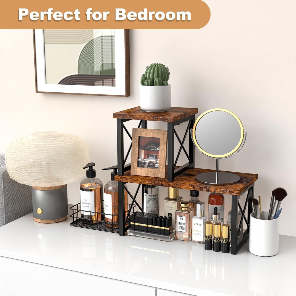 Desk Shelf, 2 Tier Wood Desktop Bookshelf, Adjustable Freestanding Stackable ...