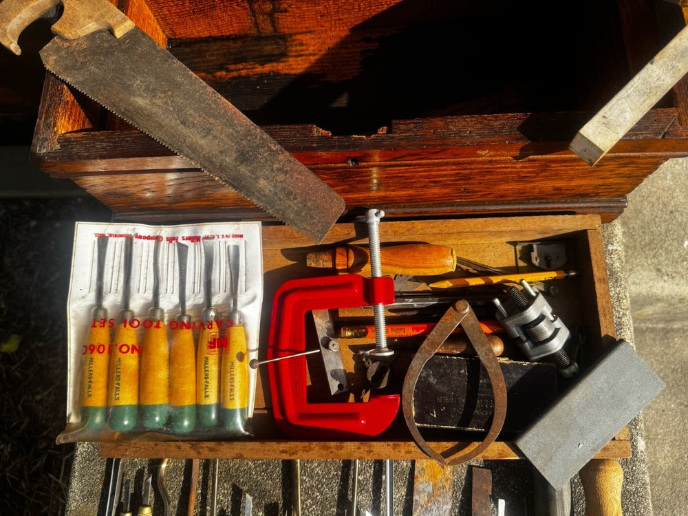 Vintage Wood Tool Chest No.21 w/ Chisels Gouges Mallet Set Rustic Carpenter Kit