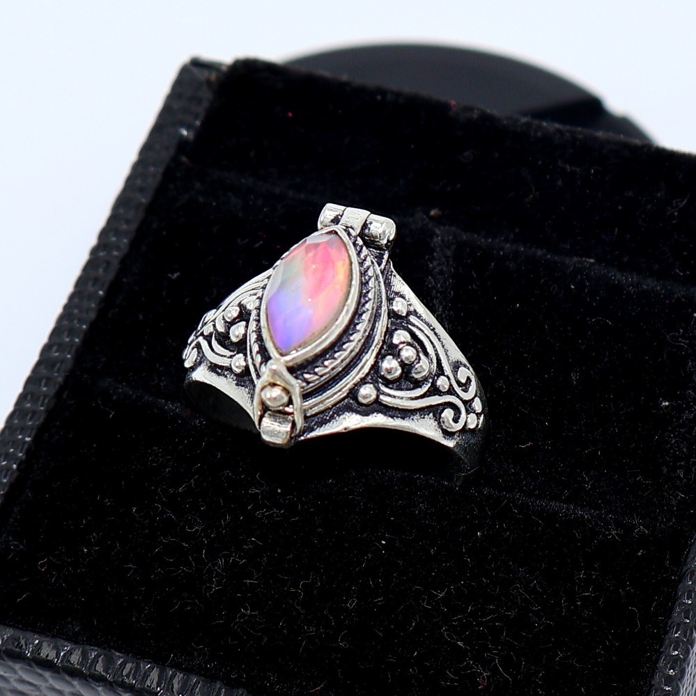 Aurora Opal Stone Poison Ring, 925 Silver Platted, Compartment Pill Box Ring