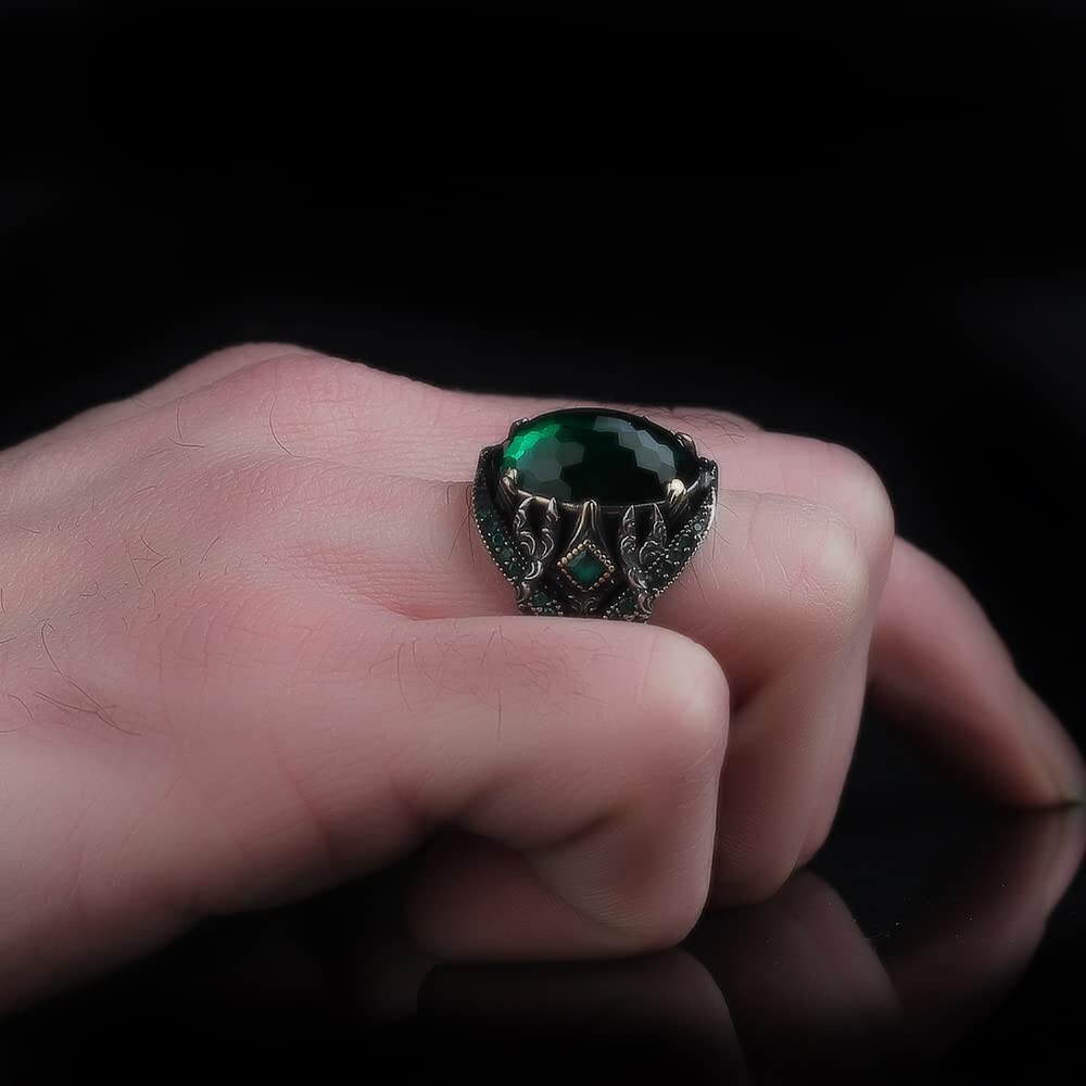 Emerald Stone Men Silver Ring, 925 Sterling Silver Emerald Gemstone Ring