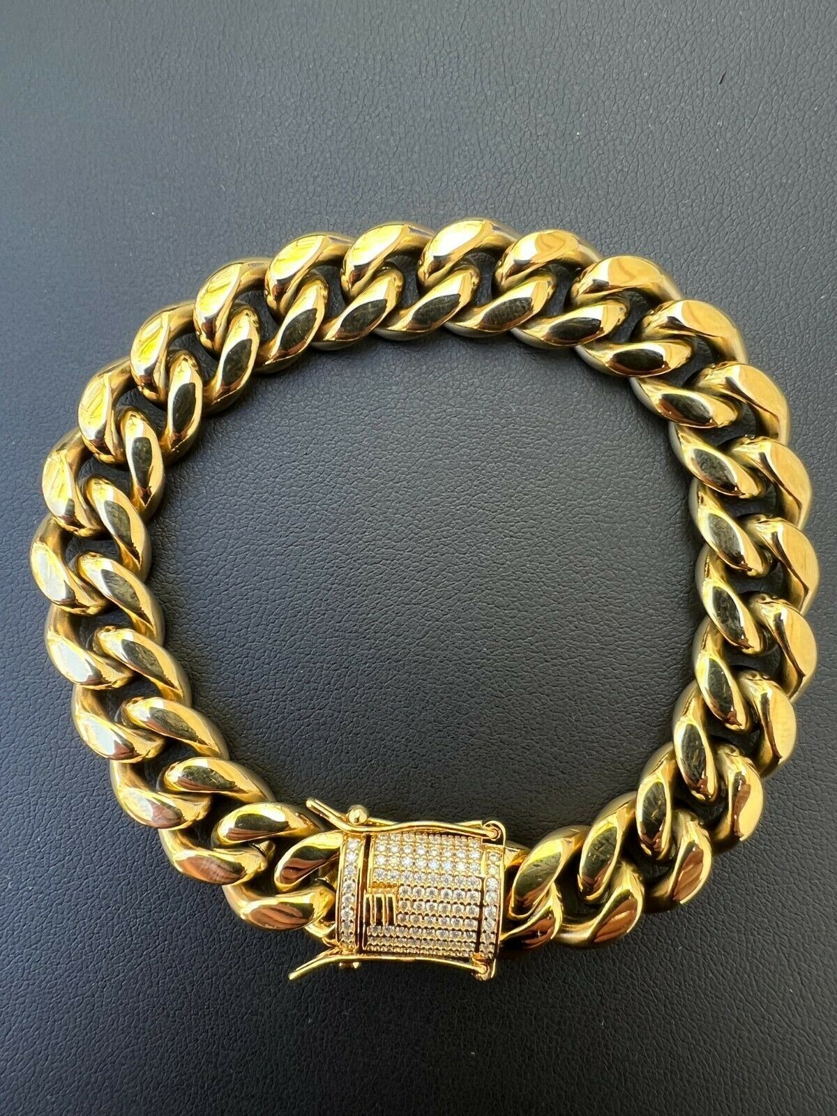 Real Miami Cuban Link Bracelet 1ct CZ Iced Clasp 14k Gold Plated Stainless Steel