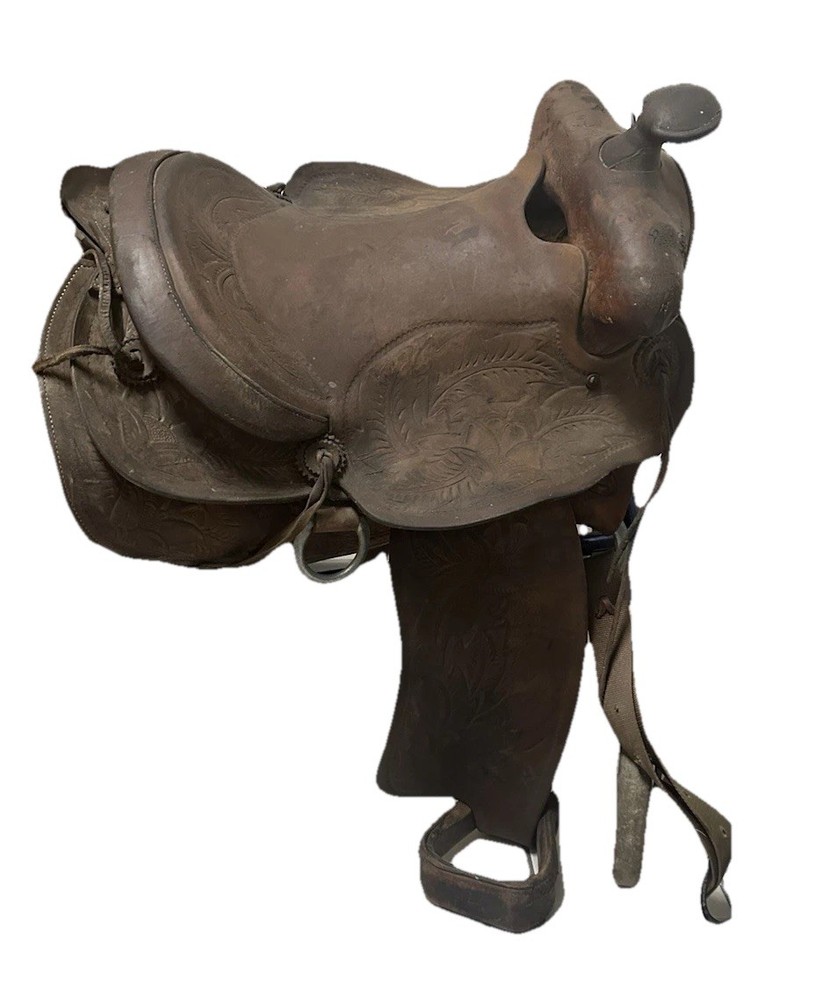 Vintage Western Brown Embossed Leather Saddle