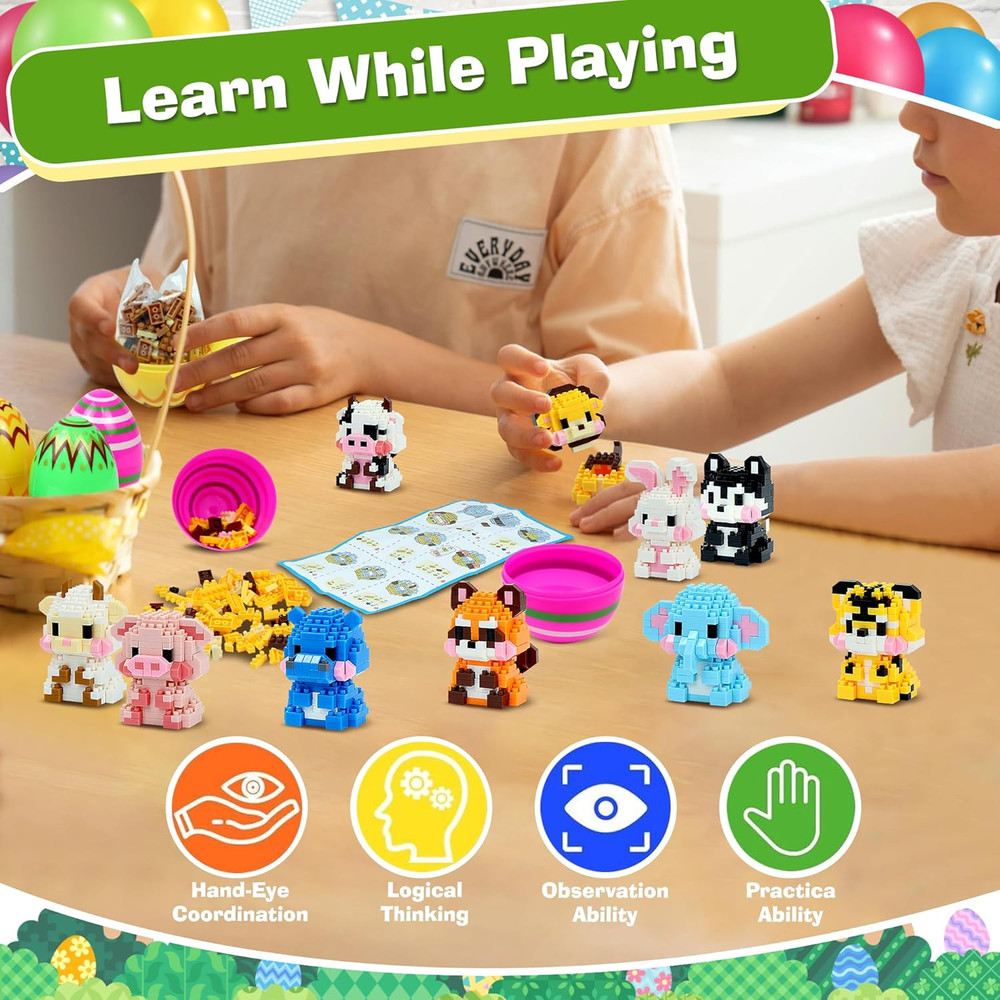 Easter Basket Stuffers Essentials, 12 Pcs Mini Animal Building Blocks with Easte