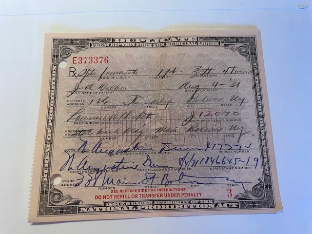 Early 1930's Prohibition Prescription for Medicinal Liquor - Quantity 1