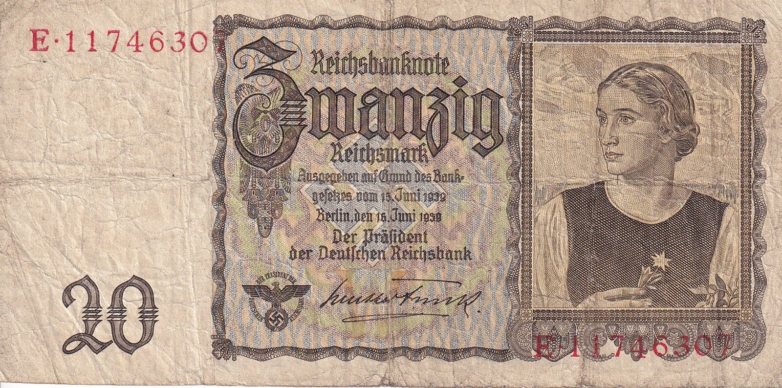 Currency Germany 1939 WW2 Fascism Reichsmark Zwanzig 20 Circulated Poor Worn