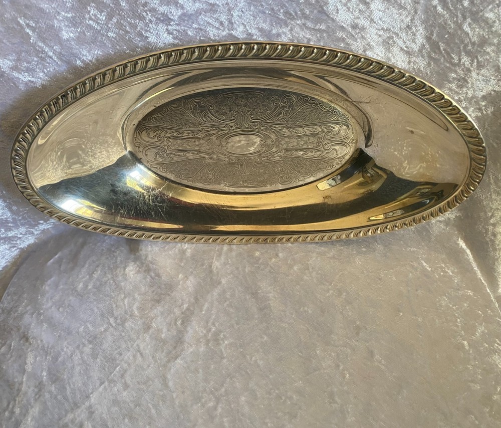 Crosby Silver Plated Oval Bread Tray Etched Pattern 12 1/2"