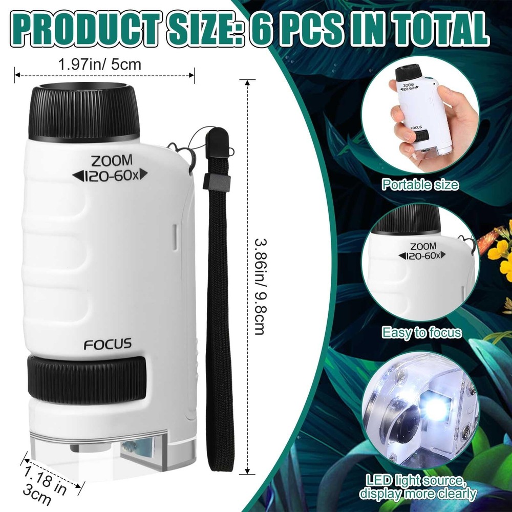 6 Pack Miniscope 60x-120x LED Lighted Pocket Microscope for Portable Mini Sco...