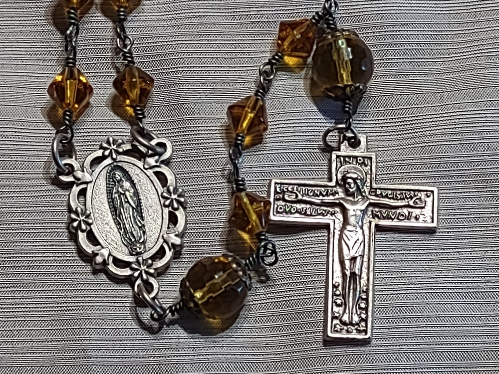 Italy Handmade Catholic Rosary, Yellow Topaz Czech Crystals