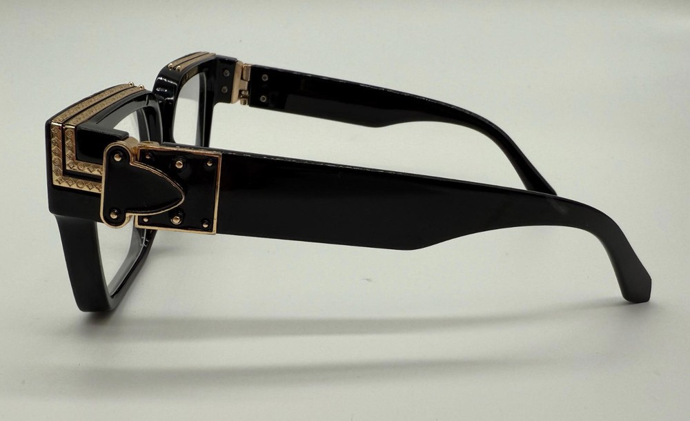 Black Designer-Inspired E Eyeglasses w/ Gold Detailing