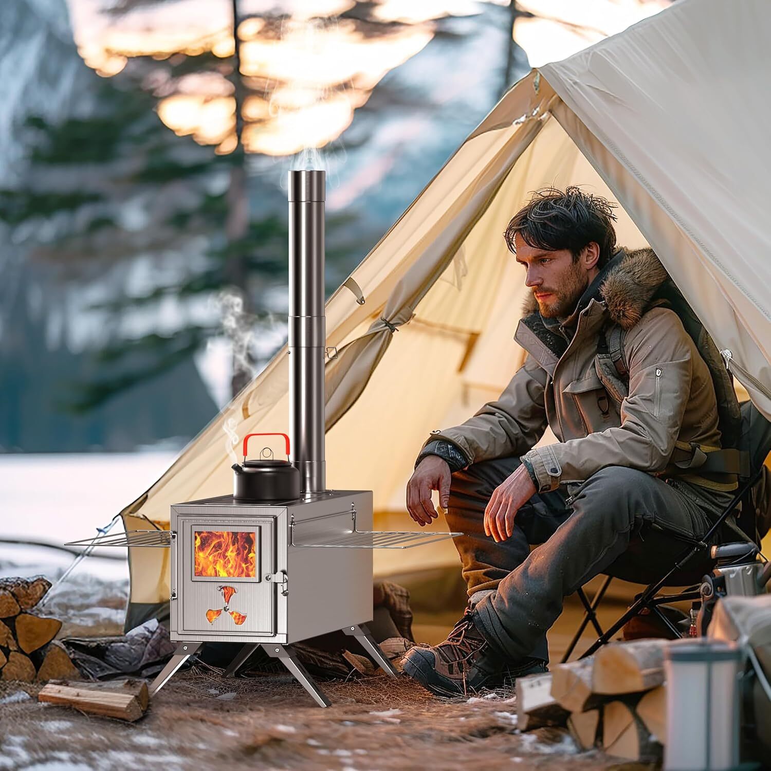 SLSY Portable Wood Stove Camping Hot Tent BBQ Stove 83 in with 7 Chimney Pipes