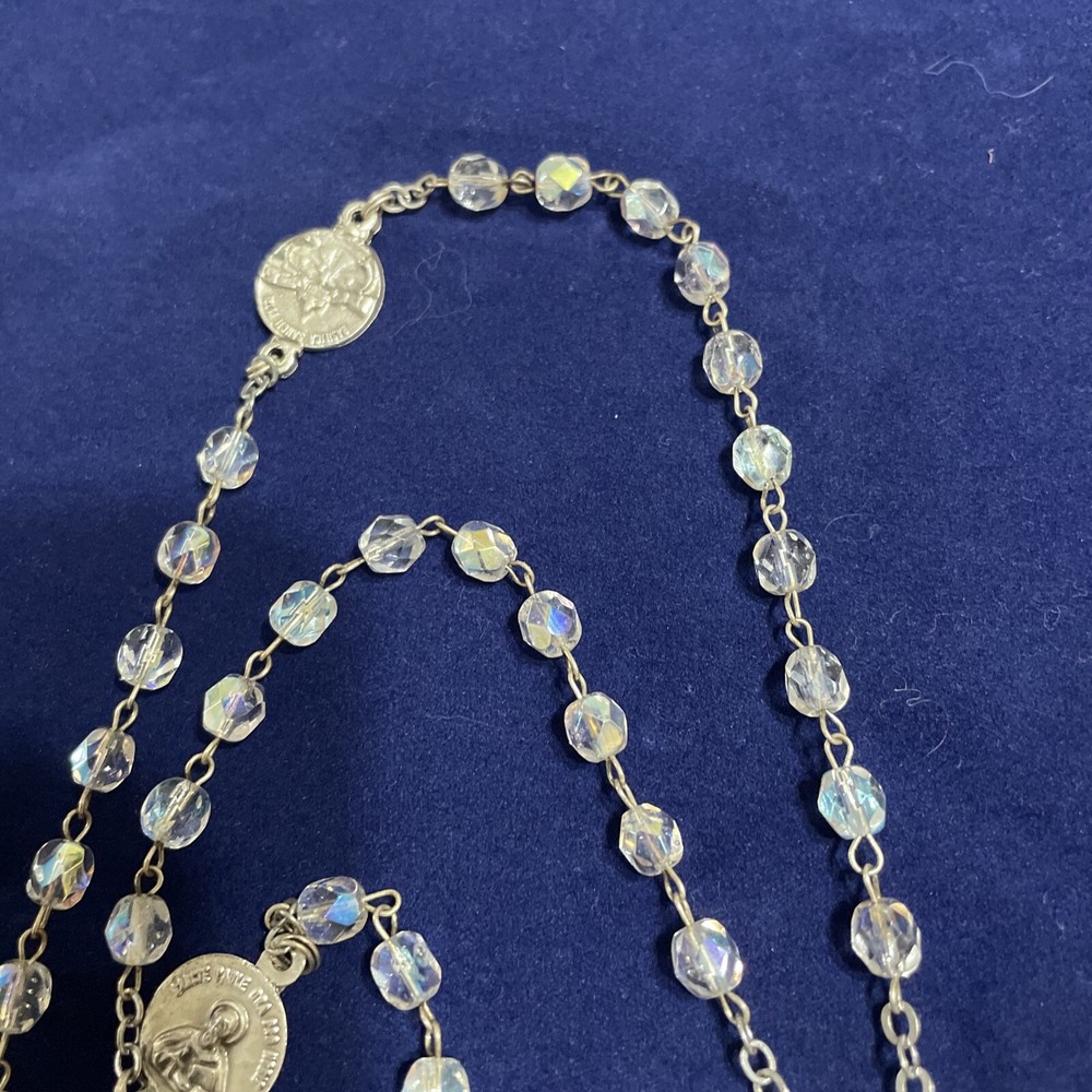 Crucifix Bead Necklace 20" Long Silver Tone w/Light Blue Beads