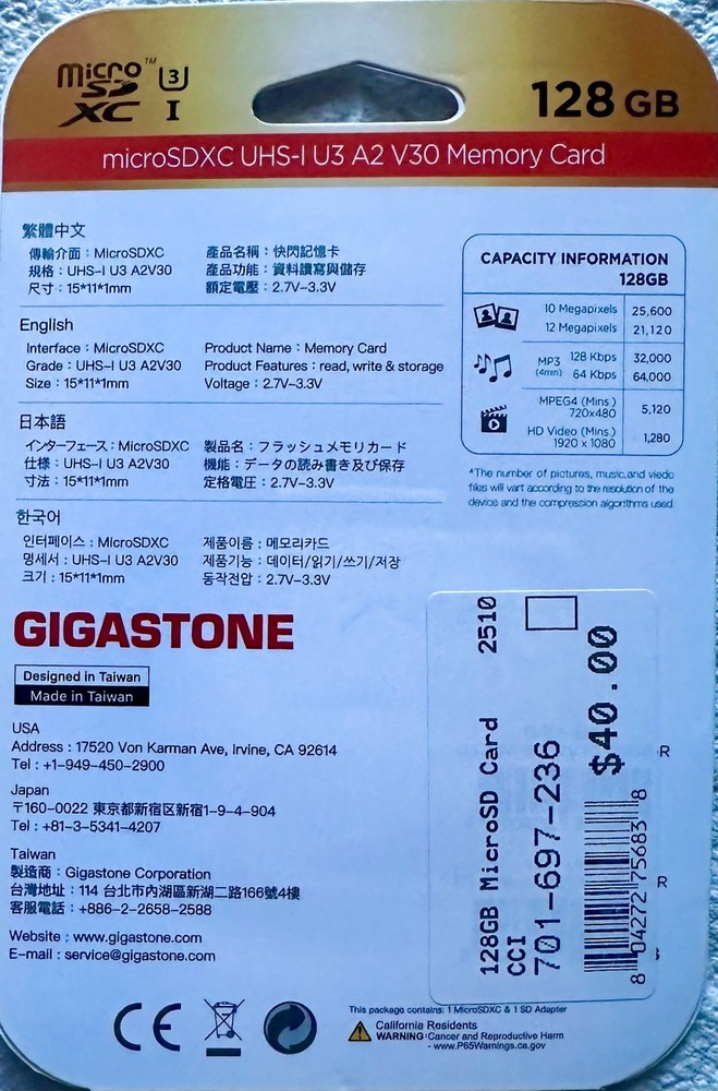 Gaming Storage Security Data Memory GIGASTONE 128GB Micro SD XC A2 V30 (2) Pack.