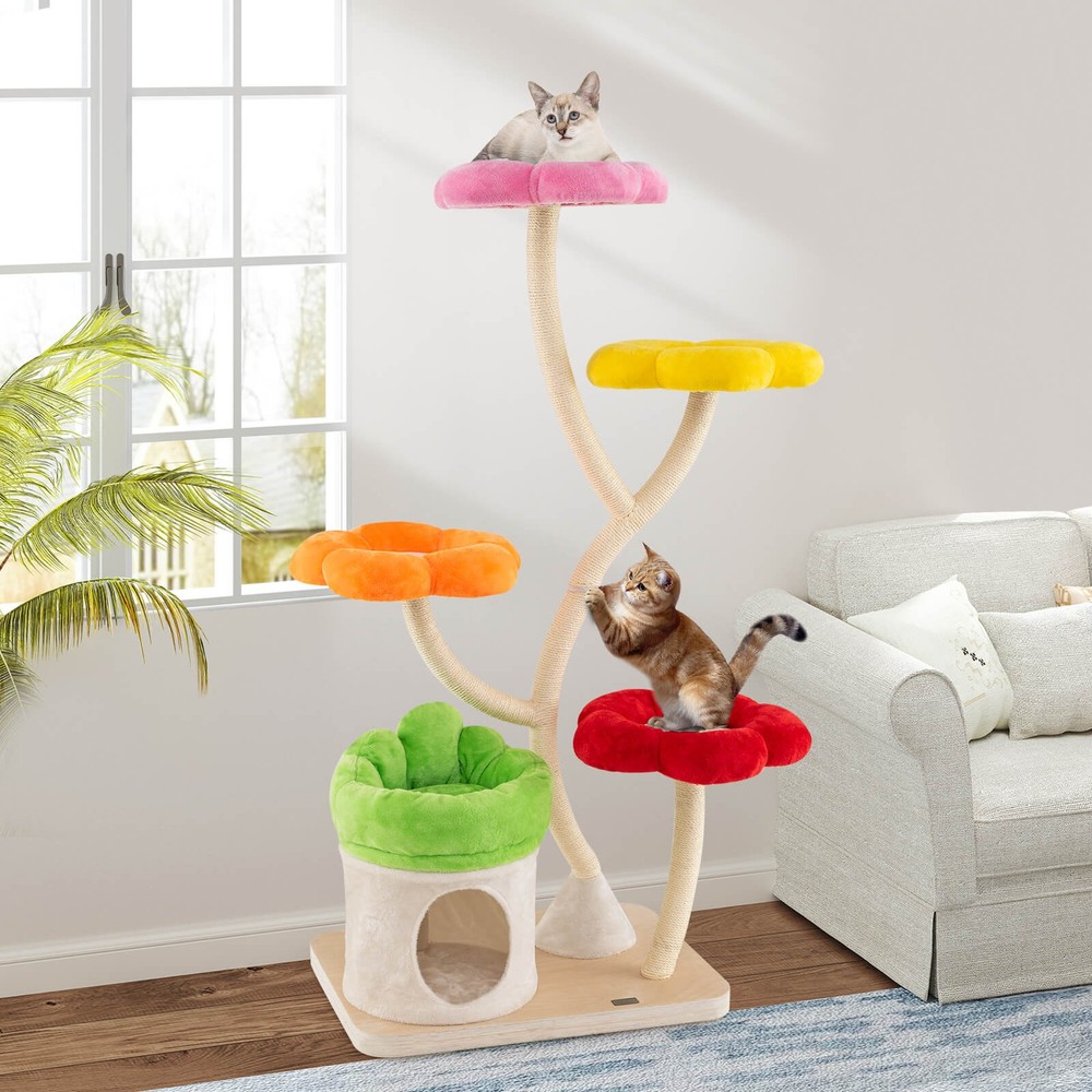 64" Multi-layer Cat Tower w/4 Colorful Flower-shaped Platforms Scratching Posts