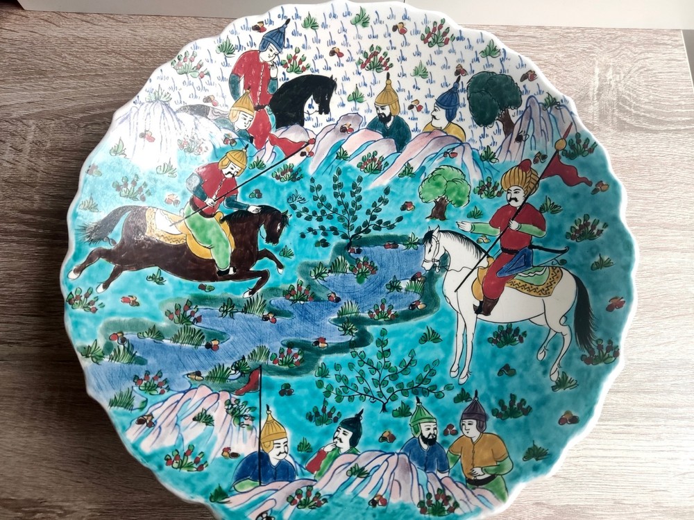 Large vintage painted ceramic plate. Turkey. Signed.