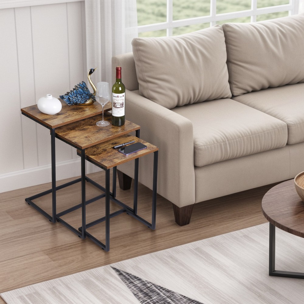 Nesting Coffee Table Set of 3 Industrial Stacking Accent End Table Rustic Brown