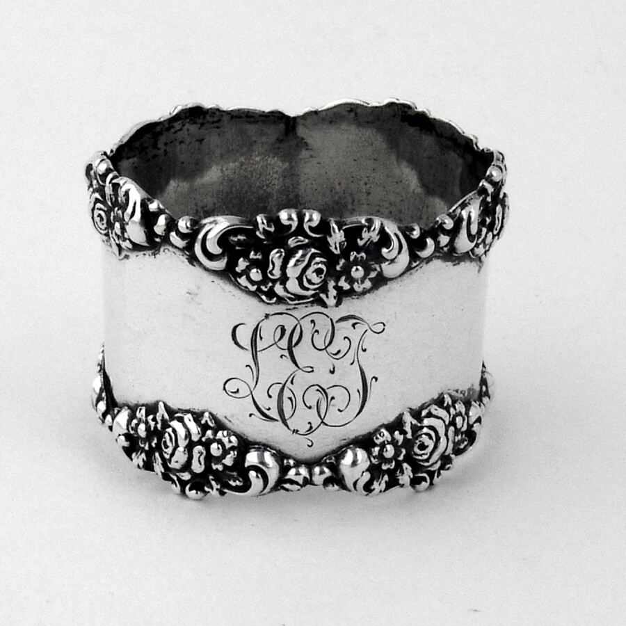 Rose Scroll Napkin Ring Blackinton Sterling Silver Mono LET