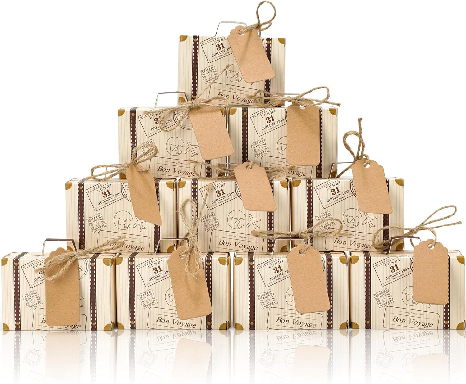 50PCS Mini Suitcase Party Favor Box, 3"x2"x1.2" Small Gift Box with Tags for Tra