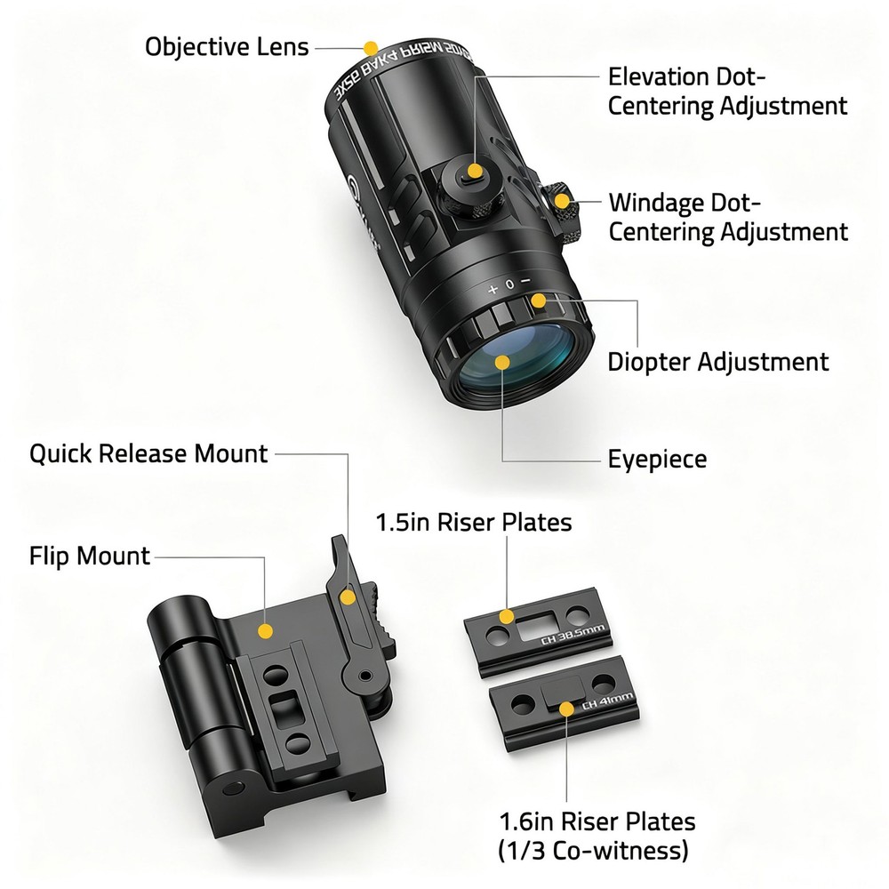 3X Flip to Side Quick Release Mount Red Dot Sight Magnifier Shockproof - Black