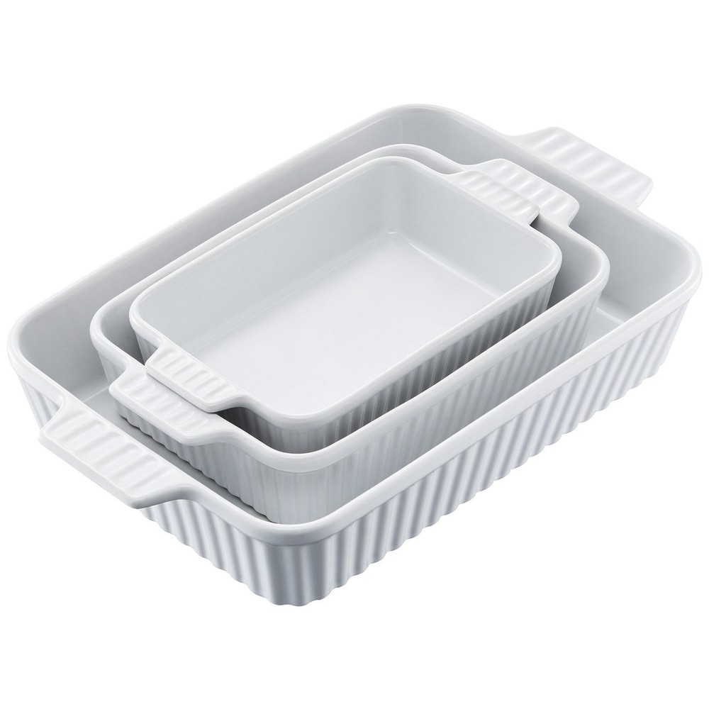 Ceramic Baking Dish 3 Pieces Rectangular Bakeware Set Deep for Baking White