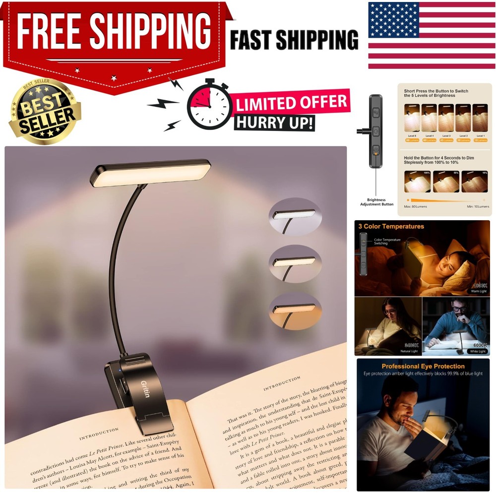 19 LED Rechargeable Book Light for Reading in Bed with Memory Function- Eye C...