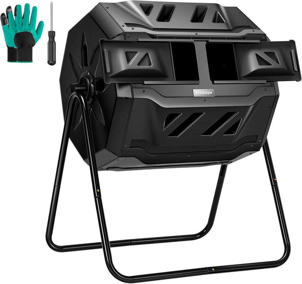 Outdoor Tumbling Composter Dual Rotating Batch Compost Bin, 43 Gallon Black Door