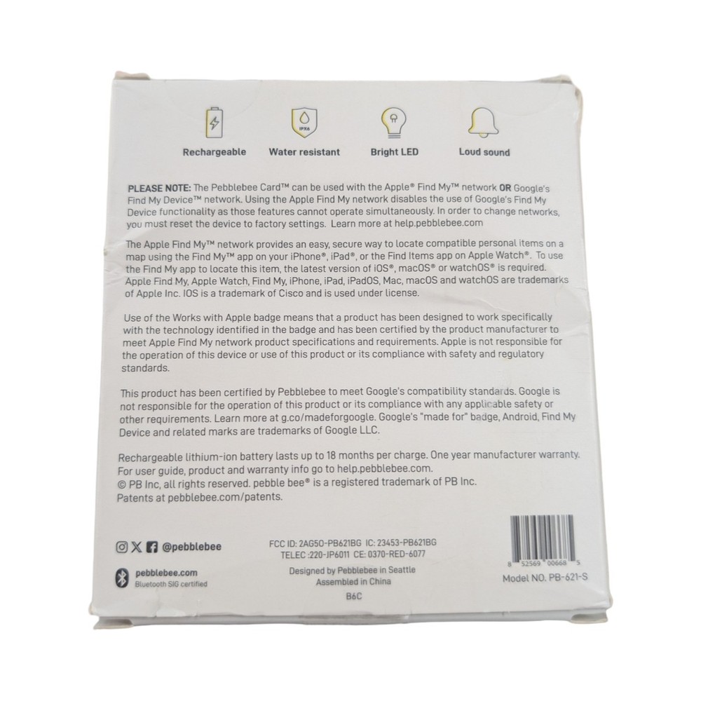J1-B Pebblebee Card - Universal Thin Rechargeable Item Tracking Device