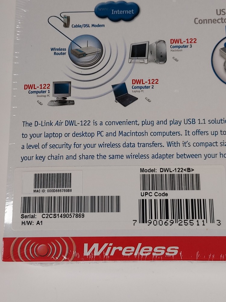 D-link Air Wireless Network- USB Adapter 802.11b DWL-122 New
