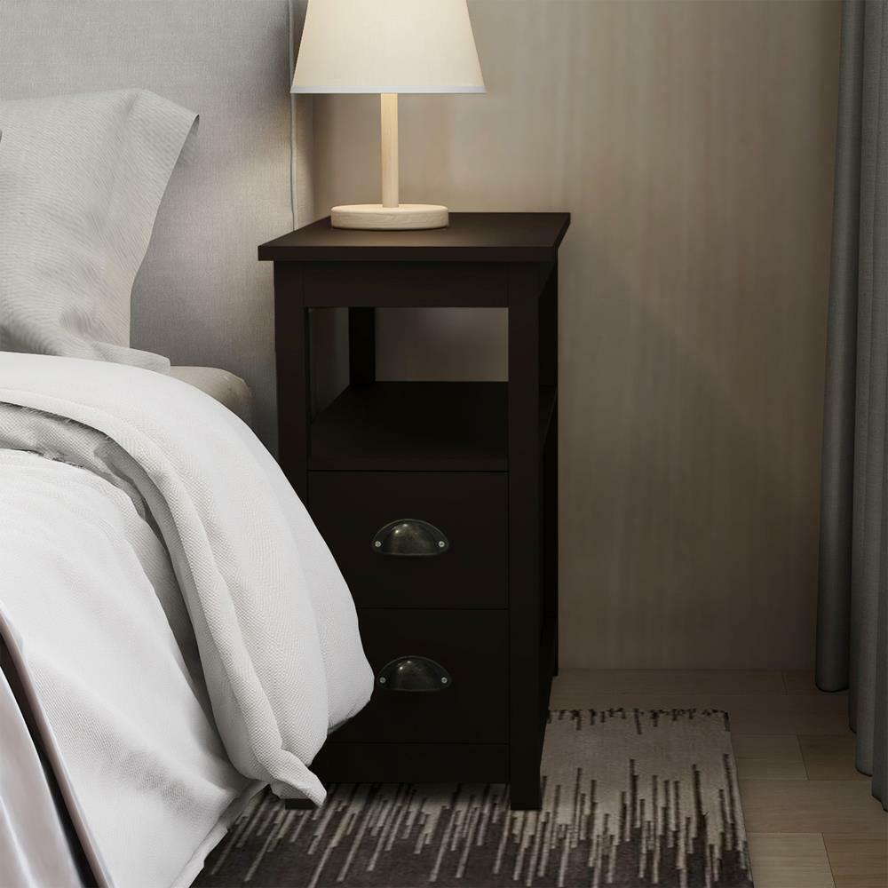 New Practical End Table Narrow Nightstand W/ Two Drawers And Open Shelf-Brown