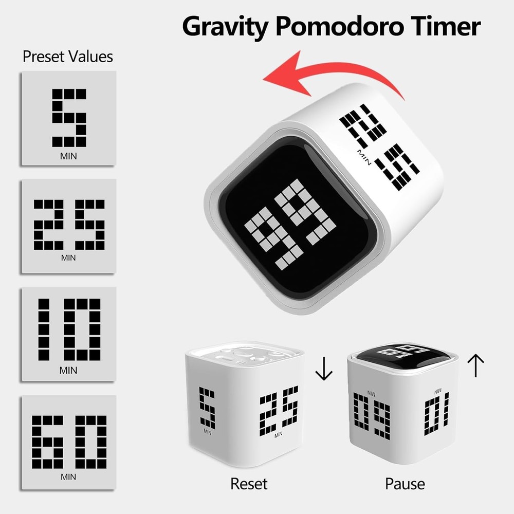 Rotating Focus Timer 5/25/10/50 Min Flip Desk Work Study Pomodoro Countdown