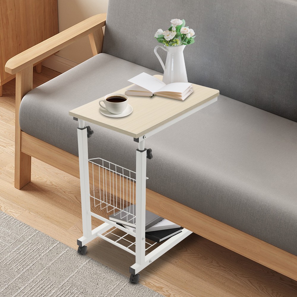 2 Tiers Adjustable Bed Side Table Thickened Mobile Standalone Table w/ Wheels