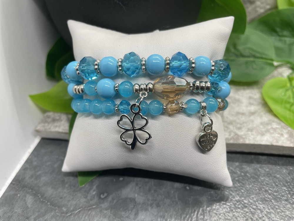 3 PC Handmade Boho Beaded Stackable 7” Plus Stretch Charm Bracelet Set B2747