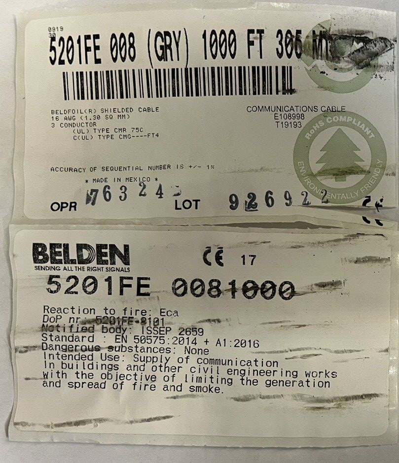 Belden Wire 5201FE 16/3C Shielded Audio/Security/Alarm Cable Riser Gray /50 Feet