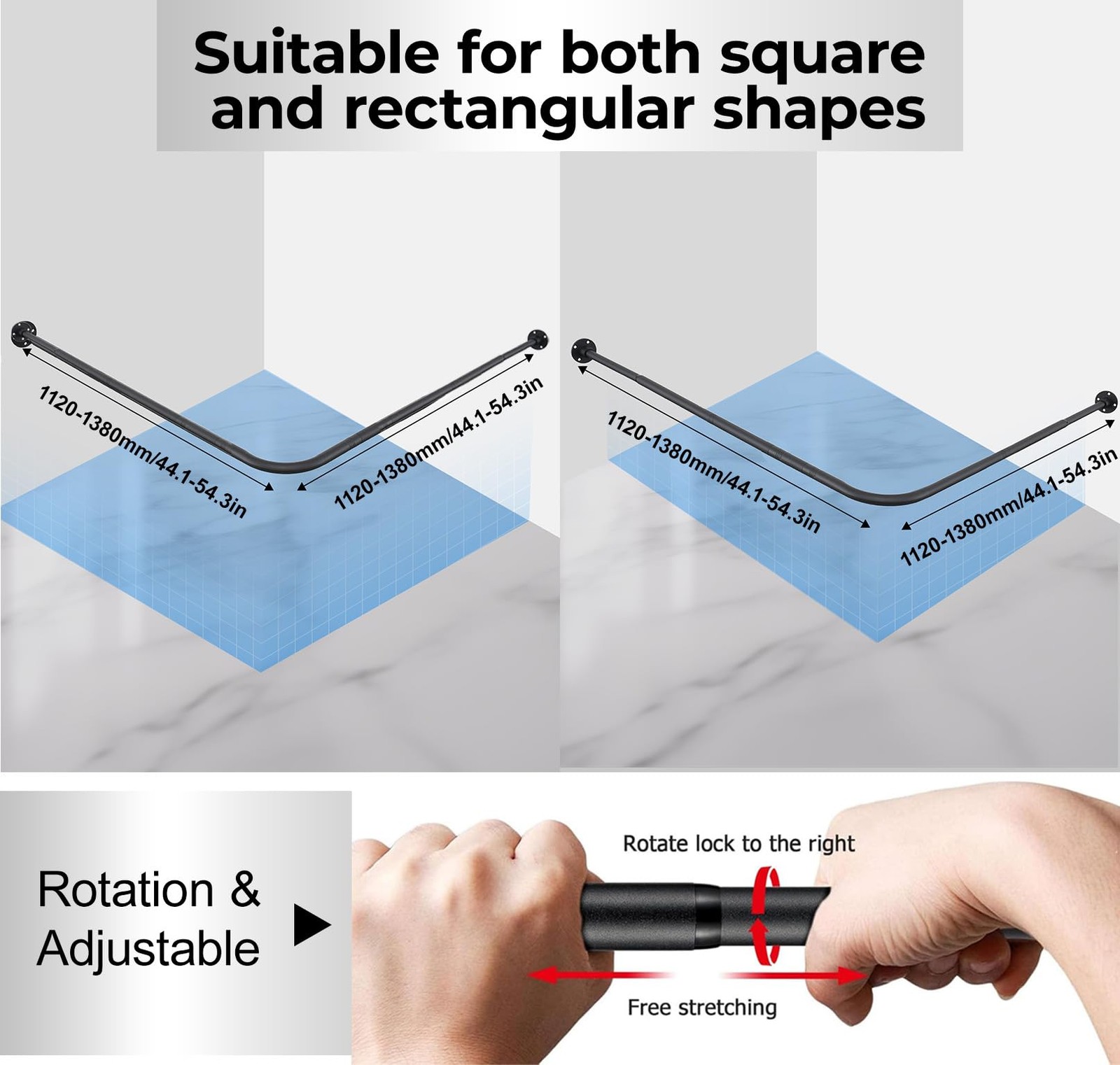 L Shaped Shower Curtain Rod, Adjustable Corner Shower Rod(23.6"-54.3"x23.6"-5...
