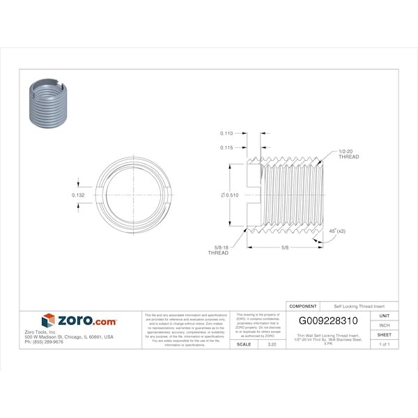 Thin Wall Self Locking Thread Insert, 1/2"-20 Int Thrd Sz, 18-8 Stainless