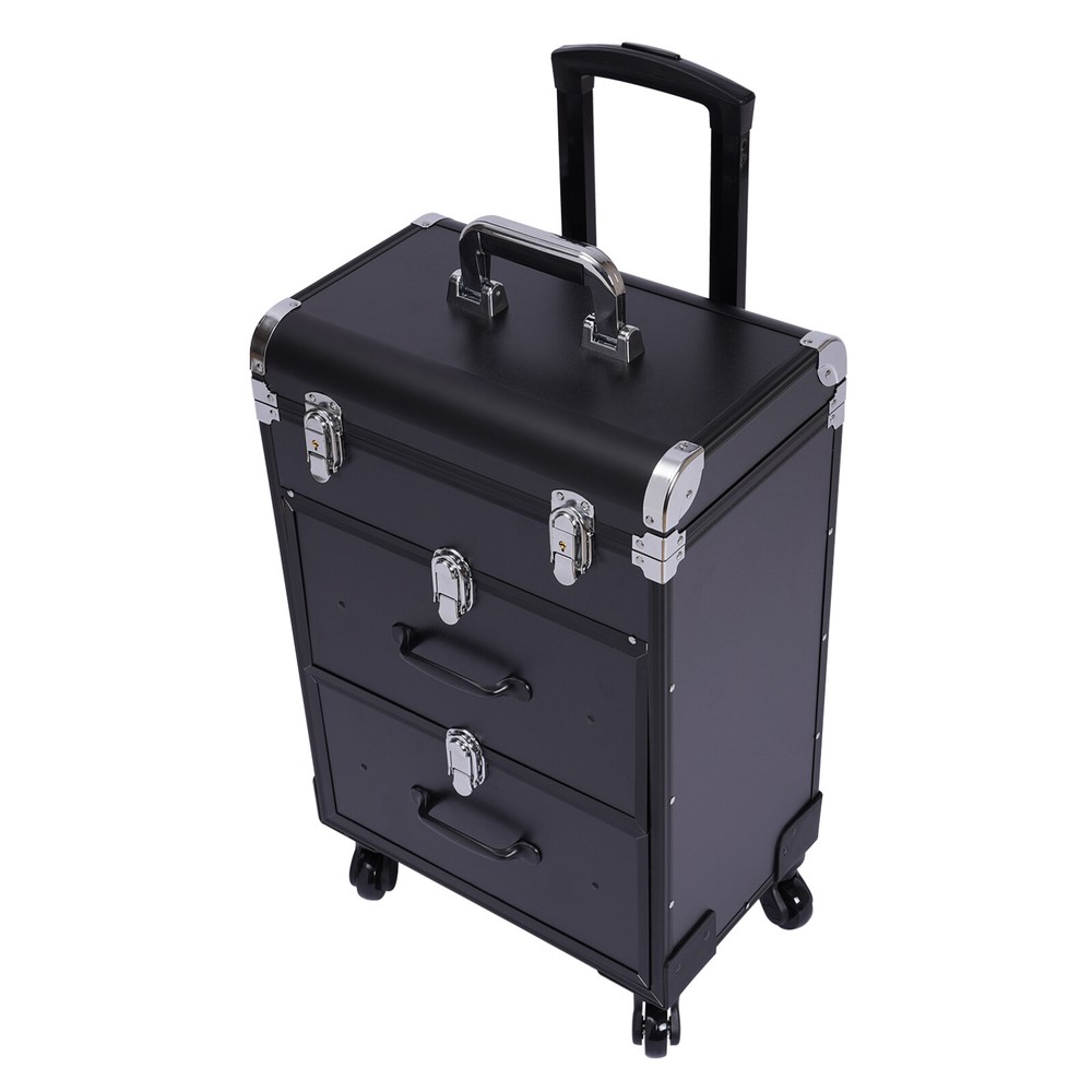 Rolling Cosmetic Storage Case Makeup Train Case Organizer Trolley Lock Black