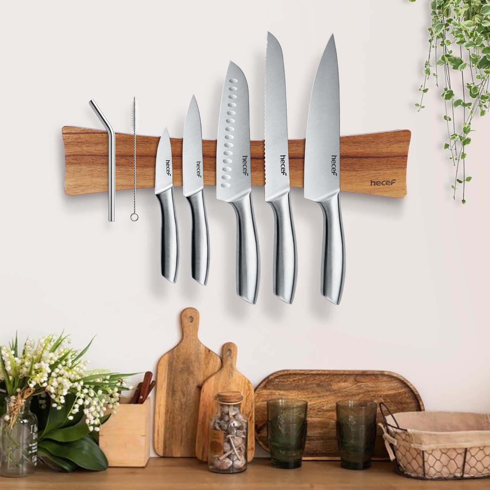 16in Magnetic Knife Strip Solid Wood Knife Organizer Rack Strong Magnets forWall