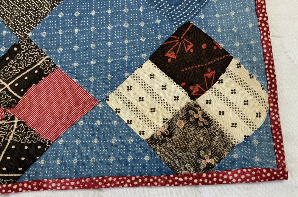 Vintage Antique Patchwork Quilt Table Topper, Four Patch, Blue, Multi