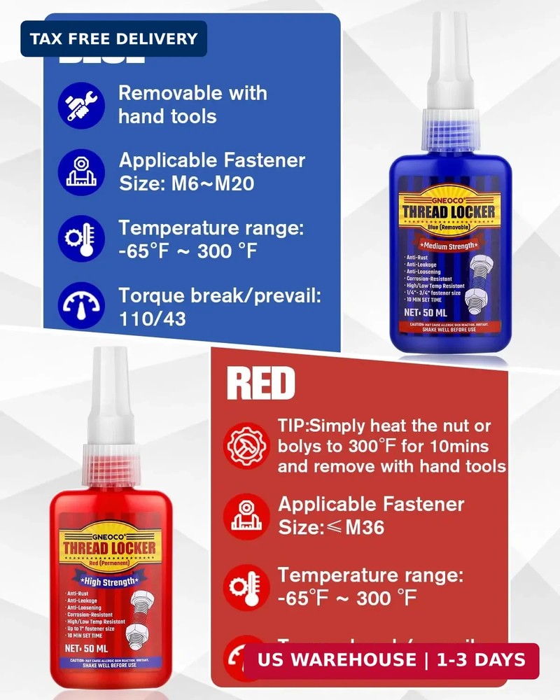 Thread Lock Blue and Red, Threadlocker Medium and Strong Strength, Thread Locker