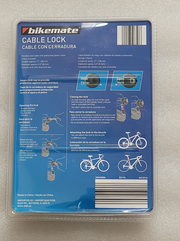 BIKEMATE - Cable Lock with 2 Keys. NEW