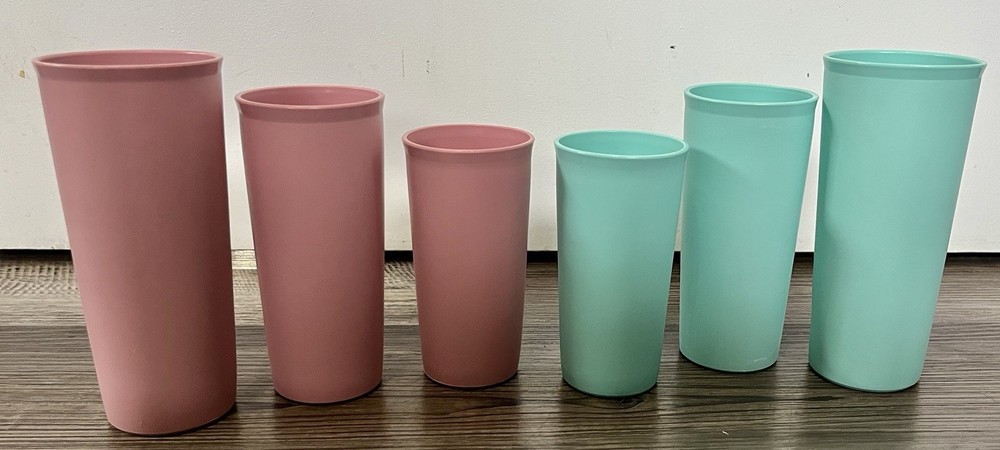 6 Vntg Retro Teal Pink Tupperware Cups Multiple Sizes Pastel Kitchen Cups Drinks