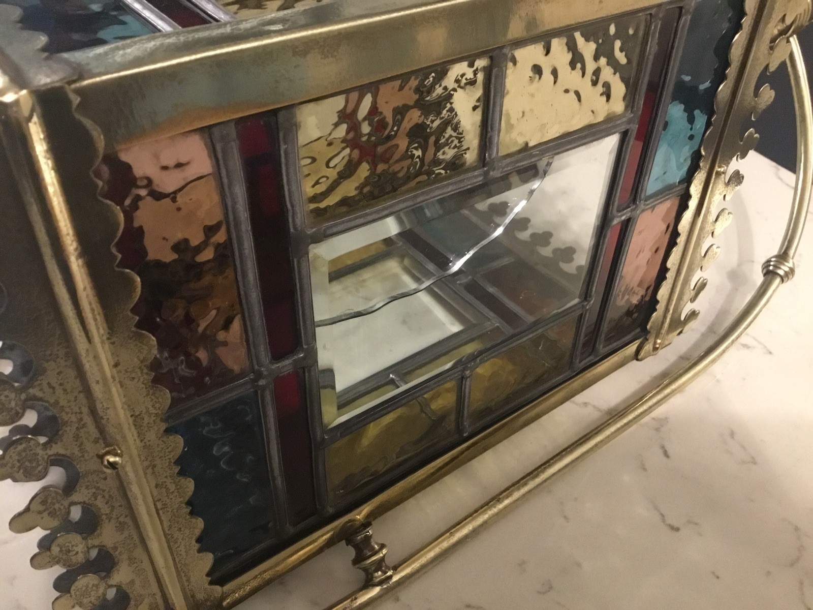 A BEAUTIFUL ANTIQUE BRASS & STAINED GLASS HALL LANTERN ,circa-1870.