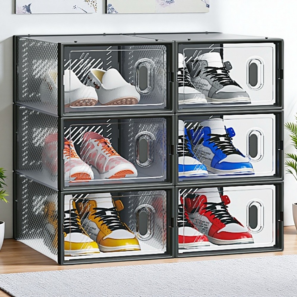 6-Pack Shoe Storage Boxes - Stackable, Plastic Mesh, Door, Black & Small Size